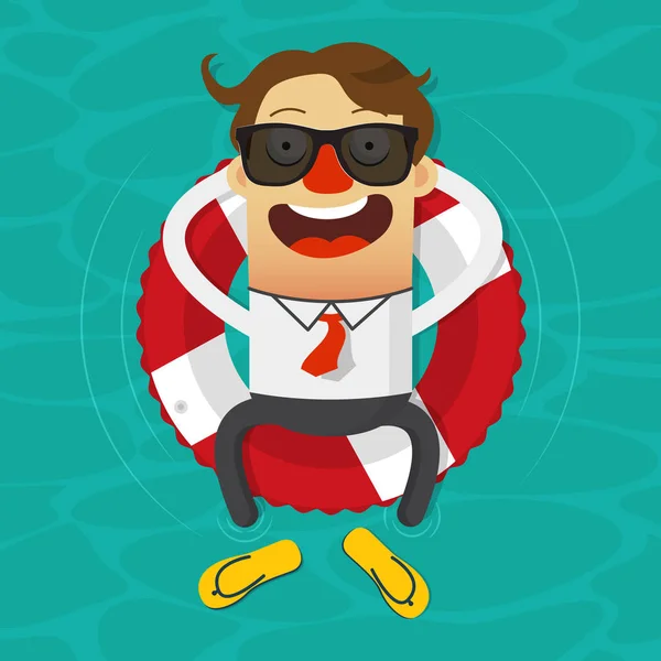 Γελοιογραφία επιχειρηματίας χαλαρώνοντας σε μια σαμπρέλα σε τροπική θάλασσα. Διάνυσμα. — Διανυσματικό Αρχείο