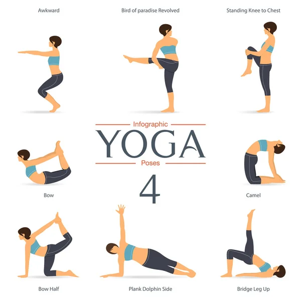 Conjunto de posturas de yoga en diseño plano. Infografías de yoga. Vector . — Archivo Imágenes Vectoriales