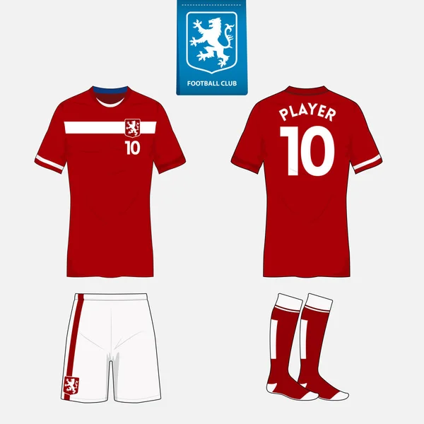 Conjunto de kit de fútbol o plantilla de camiseta de fútbol para club de fútbol. Logo de fútbol plano en etiqueta azul. Uniforme de fútbol con vista frontal y trasera. Camisa de fútbol simulada. Vector . — Vector de stock