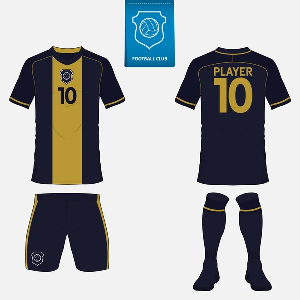 Set van voetbal kit of voetbal trui sjabloon voor voetbalclub. Platte voetbal logo op blauw label. Voor- en achterkant voetbal uniforme weergeven Voetbalshirt mock up. Vector. — Stockvector