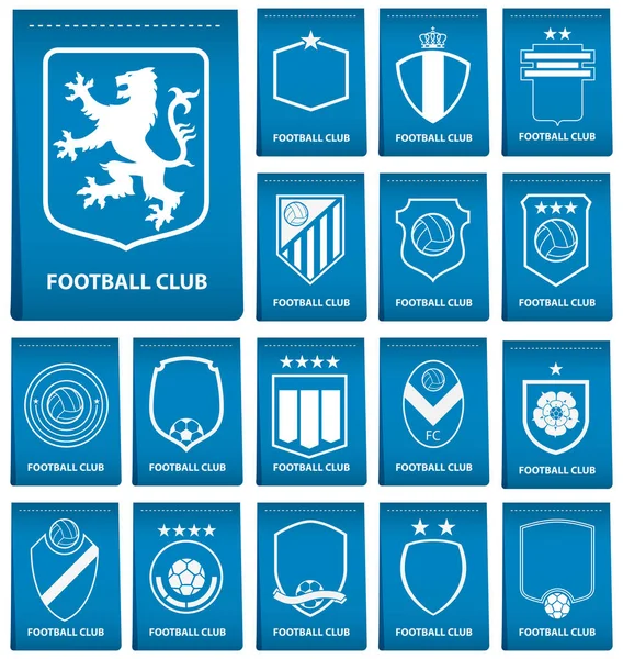 축구 또는 축구 크레스트 평면 디자인에 블루 태그의 집합입니다. 축구 로고의 상징 축구 배지입니다. 벡터. — 스톡 벡터