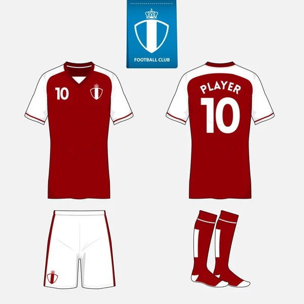 Uppsättning av fotboll kit eller fotboll jersey mall för football club. Flat fotboll logo på blå etikett. Fram och bak Visa fotboll enhetliga. Fotbollströja mock upp. — Stock vektor