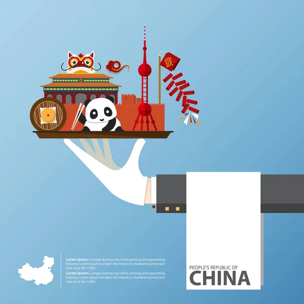 Travel to China infographic. Set of flat icons of Chinese architecture, food, traditional symbols. — Stock Vector