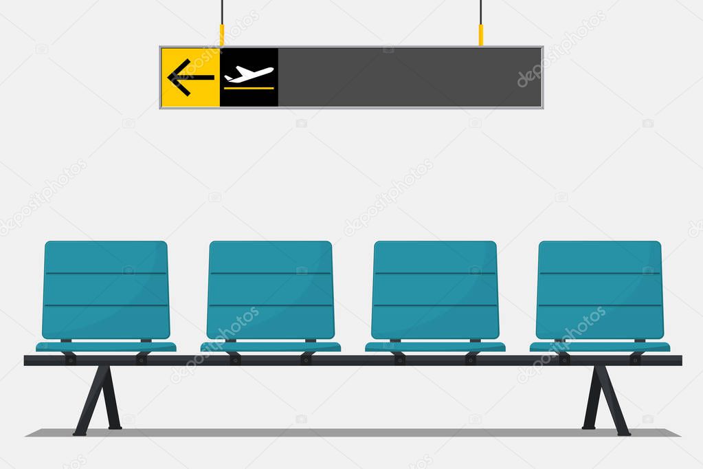 Blue airport seat in waiting area and wayfinding signage. Flat design. Vector.