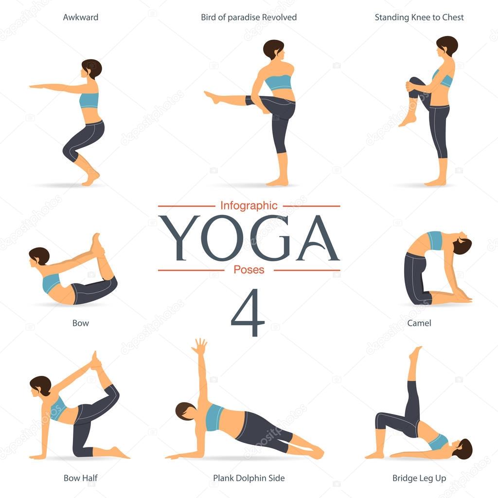 Set of yoga poses in flat design . Yoga infographics. Vector.