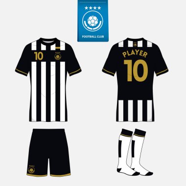 Futbol kulübü futbol takımı ya da futbol jersey şablonu kümesi. Mavi etiket üzerinde düz futbol logo. Ön ve arka futbol Tekdüzen görüntüleyin. Futbol forması kadar sahte.