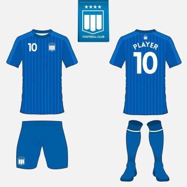 Futbol kulübü futbol takımı ya da futbol jersey şablonu kümesi. Mavi etiket üzerinde düz futbol logo. Ön ve arka futbol Tekdüzen görüntüleyin. Futbol forması kadar sahte.