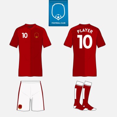 Futbol kulübü futbol takımı ya da futbol jersey şablonu kümesi. Mavi etiket üzerinde düz futbol logo. Ön ve arka futbol Tekdüzen görüntüleyin. Futbol forması kadar sahte.
