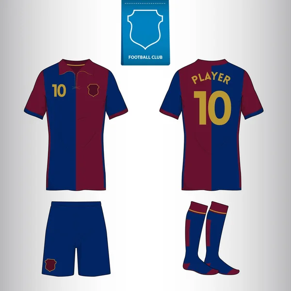 Sada fotbal kit nebo fotbalový dres šablony pro fotbalový klub. Plochá fotbal logo na blue label. Přední a zadní straně zobrazit fotbalové jednotné. Fotbalové tričko mock-up. — Stockový vektor