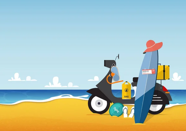 Vacaciones de verano y paisaje marino con scooter e icono de viaje en diseño plano . — Vector de stock