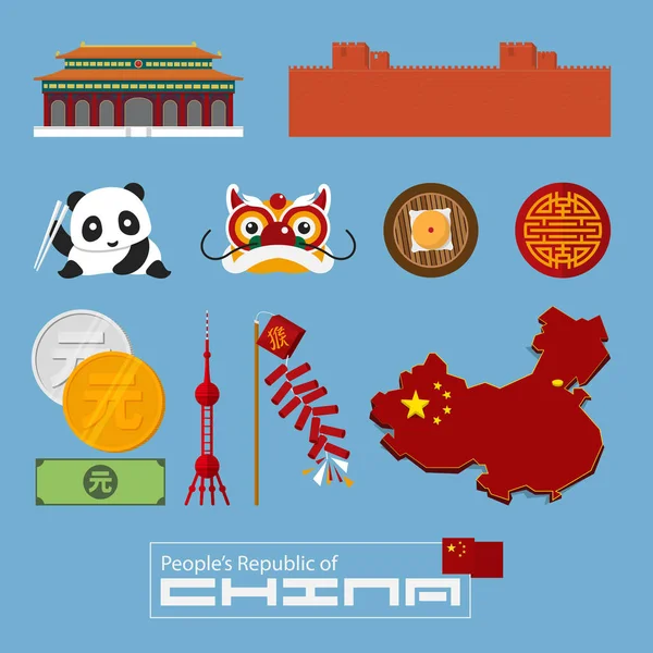 Infografía de viaje a China. Conjunto de iconos planos de la arquitectura china, comida, símbolos tradicionales . — Archivo Imágenes Vectoriales