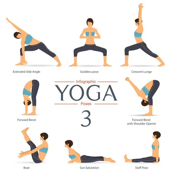 Set of yoga poses in flat design . Yoga infographics. — Stock Vector