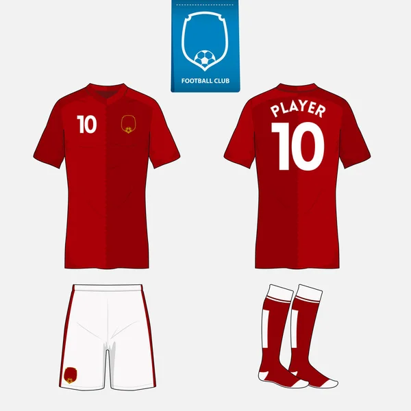 Set of soccer kit or football jersey template for football club. Flat football logo on blue label. Front and back view soccer uniform. Football shirt mock up. — Stock Vector