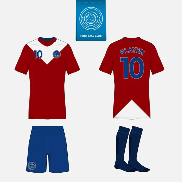 Set van voetbal kit of voetbal trui sjabloon voor voetbalclub. Platte voetbal logo op blauw label. Voor- en achterkant voetbal uniforme weergeven Voetbalshirt mock up. — Stockvector
