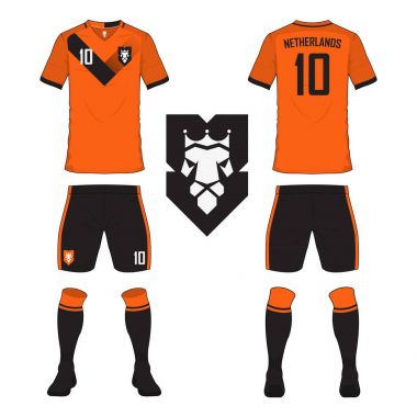 Hollanda Millî Futbol takımı futbol jersey veya futbol takımı şablonu kümesi. Ön ve arka futbol Tekdüzen görüntüleyin. Spor gömlek kadar sahte.
