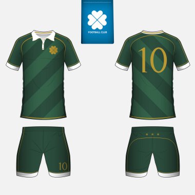 Futbol kulübü futbol takımı ya da futbol jersey şablonu kümesi. Mavi etiket üzerinde düz futbol logo. Ön ve arka futbol Tekdüzen görüntüleyin. Futbol forması kadar sahte. Vektör.