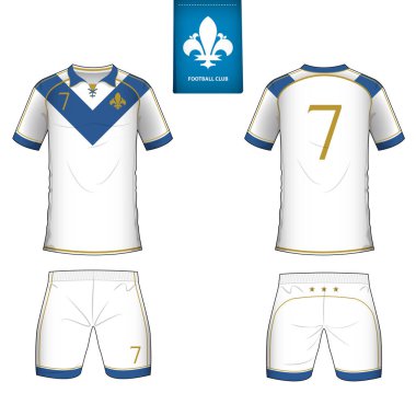 Futbol kulübü futbol takımı ya da futbol jersey şablonu kümesi. Mavi etiket üzerinde düz futbol logo. Ön ve arka futbol Tekdüzen görüntüleyin. Futbol forması kadar sahte. Vektör.