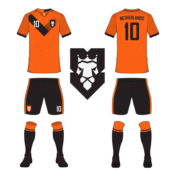 Conjunto de camisa de futebol ou modelo de kit de futebol para a Seleção Holandesa de Futebol. Farda de futebol frontal e traseira. Camisa desportiva mock up . —  Vetores de Stock