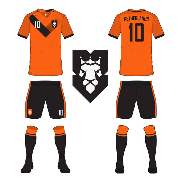 Set of soccer jersey or football kit template for Netherlands national football team. Front and back view soccer uniform. Sport shirt mock up.