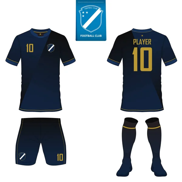 Conjunto de kit de futebol ou modelo de camisa de futebol para clube de futebol. Logotipo de futebol plano na etiqueta azul. Farda de futebol frontal e traseira. Camisa de futebol para cima. Vetor . — Vetor de Stock