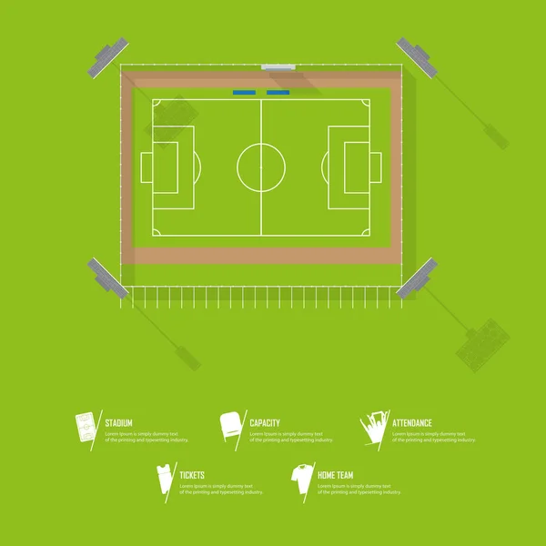 Top view of football stadium or soccer arena. Sport venue in flat design. Infographic and sport icon set. Vector. — Stock Vector