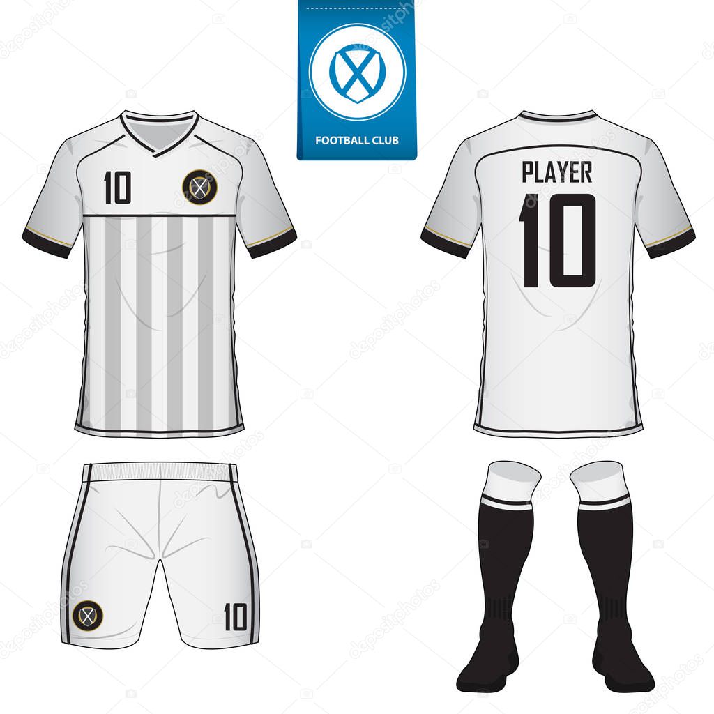 Set of soccer kit or football jersey template for football club. Flat football logo on blue label. Front and back view soccer uniform. Football shirt mock up. Vector.