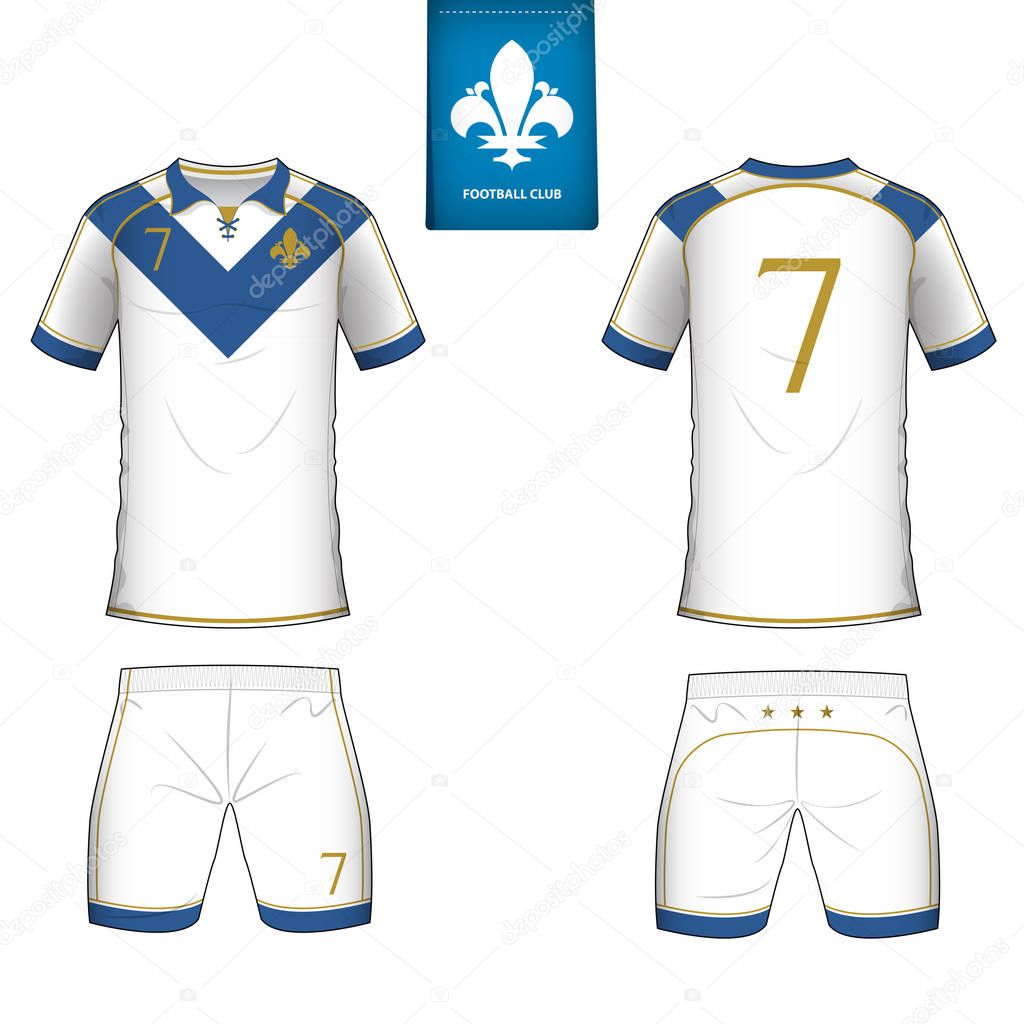 Set of soccer kit or football jersey template for football club. Flat football logo on blue label. Front and back view soccer uniform. Football shirt mock up. Vector Illustration.