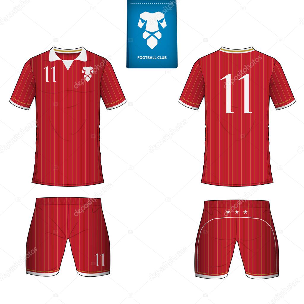 Set of soccer kit or football jersey template for football club. Flat football logo on blue label. Front and back view soccer uniform. Football shirt mock up. Vector