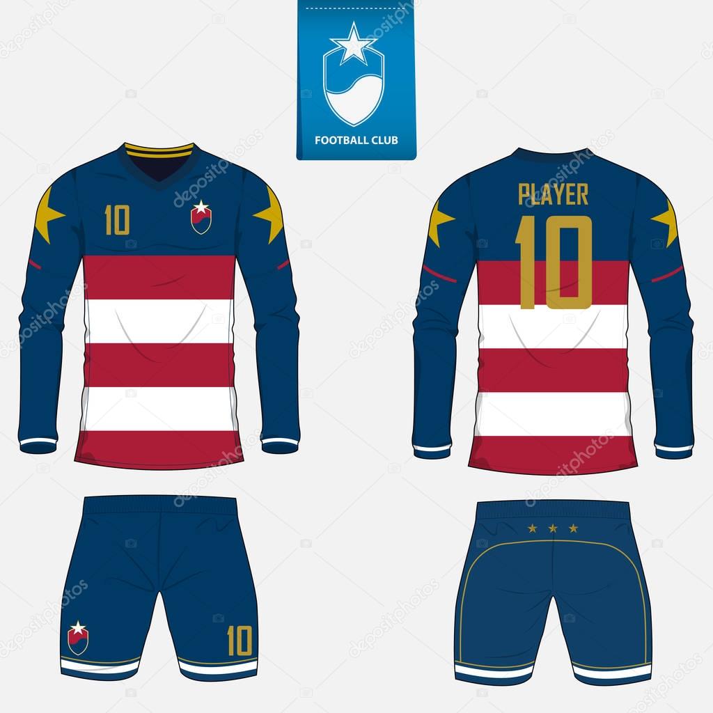 Set of soccer kit or football jersey template for football club. Long sleeve football shirt mock up. Front and back view soccer uniform. Flat football logo on blue label. Vector Illustration.