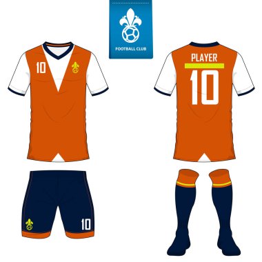 Futbol kulübü futbol takımı ya da futbol jersey şablonu. Kısa kollu futbol forması kadar sahte. Ön ve arka futbol Tekdüzen görüntüleyin. Vektör.