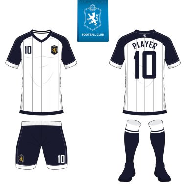 Futbol kulübü futbol takımı ya da futbol jersey şablonu kümesi. Kısa kollu futbol forması kadar sahte. Ön ve arka futbol Tekdüzen görüntüleyin. Mavi etiket üzerinde düz futbol logo.
