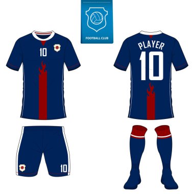 Futbol kulübü futbol takımı ya da futbol jersey şablonu. Kısa kollu futbol forması kadar sahte. Ön ve arka futbol Tekdüzen görüntüleyin. Mavi etiket üzerinde düz futbol logo.