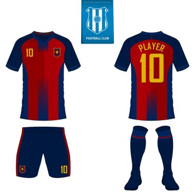 Futbol kulübü futbol takımı ya da futbol jersey şablonu. Kısa kollu futbol forması kadar sahte. Ön ve arka futbol Tekdüzen görüntüleyin. Mavi etiket üzerinde düz futbol logo.