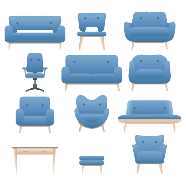 Icono conjunto de sillón de silla de muebles modernos y sofá. Diseño interior del hogar. Vector . — Archivo Imágenes Vectoriales