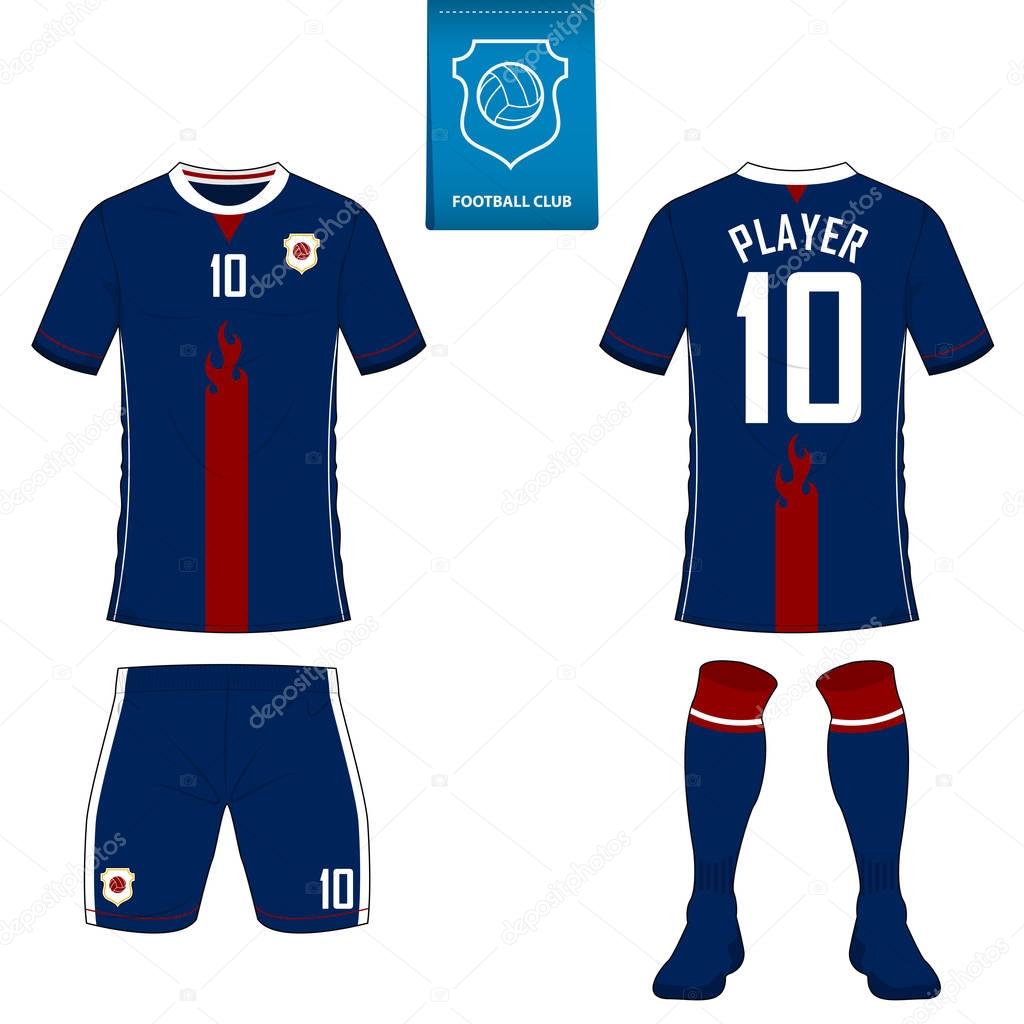 Soccer kit or football jersey template for football club. Short sleeve football shirt mock up. Front and back view soccer uniform. Flat football logo on blue label.