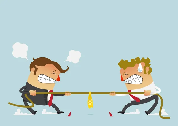 Two businessman fighting in the tug of war competition that could just define their careers. Cartoon character in flat design. — Stock Vector