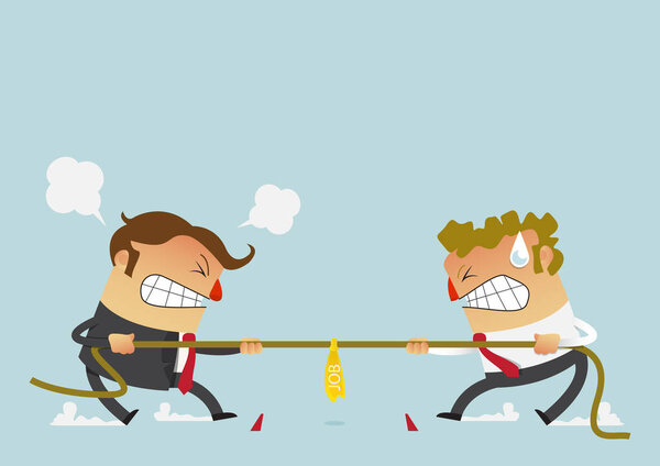 Two businessman fighting in the tug of war competition that could just define their careers. Cartoon character in flat design. 