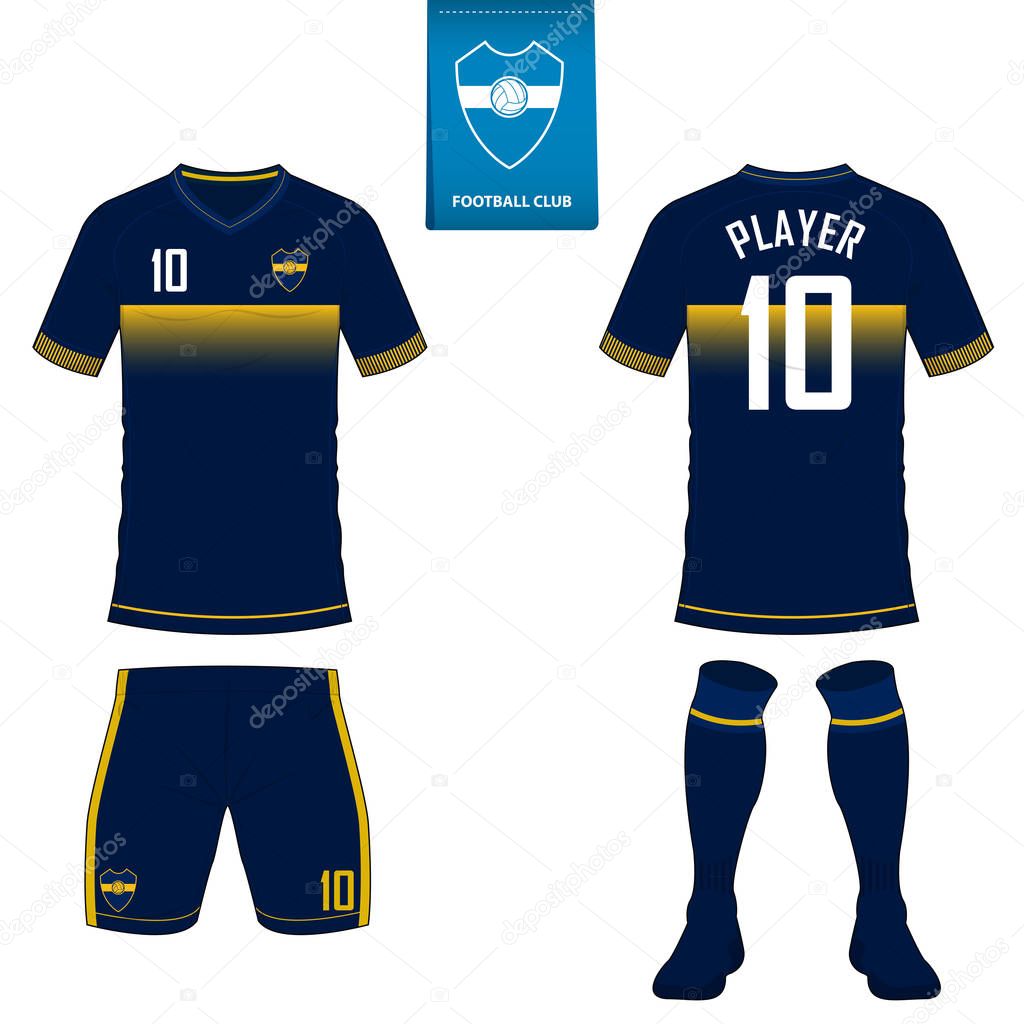 Set of soccer kit or football jersey template for football club. Short sleeve football shirt mock up. Front and back view soccer uniform. Flat football logo on blue label. 