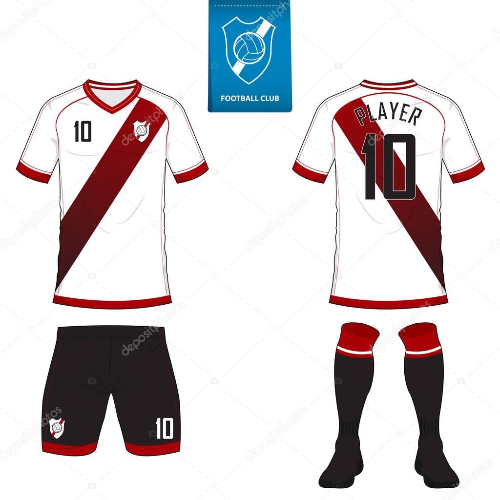 Set of soccer kit or football jersey template for football club. Short sleeve football shirt mock up. Front and back view soccer uniform. Flat football logo on blue label. 