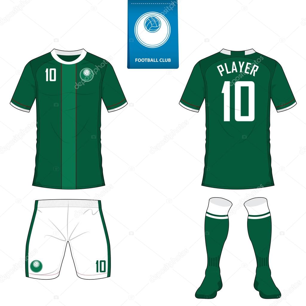 Set of soccer kit or football jersey template for football club. Short sleeve football shirt mock up. Front and back view soccer uniform. Flat football logo on blue label. 