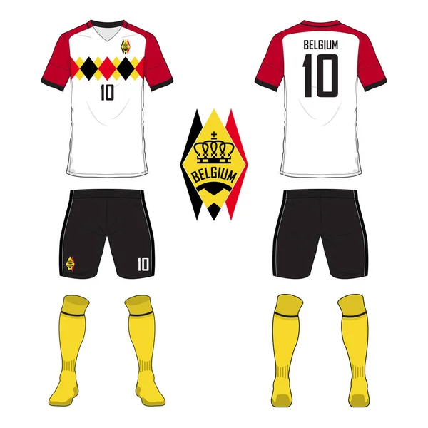 Maillot de football ou modèle de kit de football pour l'équipe nationale belge de football. Uniforme de football vue de face et de dos. Chemise de sport maquillée. Vecteur . — Image vectorielle