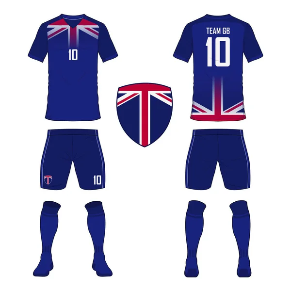 Soccer jersey or football kit template for United Kingdom national football team. Front and back view soccer uniform. Sport shirt mock up. Vector. — Stock Vector