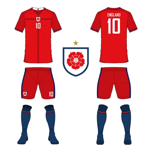 Camiseta de fútbol o plantilla de kit de fútbol para la selección de fútbol de Inglaterra. Uniforme de fútbol con vista frontal y trasera. Camisa deportiva simulada. Vector . — Archivo Imágenes Vectoriales