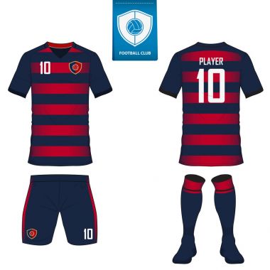 futbol kulübü futbol takımı ya da futbol jersey şablonu. Kısa kollu futbol forması kadar sahte. Ön ve arka futbol Tekdüzen görüntüleyin. Mavi etiket üzerinde düz futbol logo. Vektör
