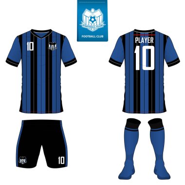 futbol kulübü futbol takımı ya da futbol jersey şablonu. Kısa kollu futbol forması kadar sahte. Ön ve arka futbol Tekdüzen görüntüleyin. Mavi etiket üzerinde düz futbol logo. Vektör