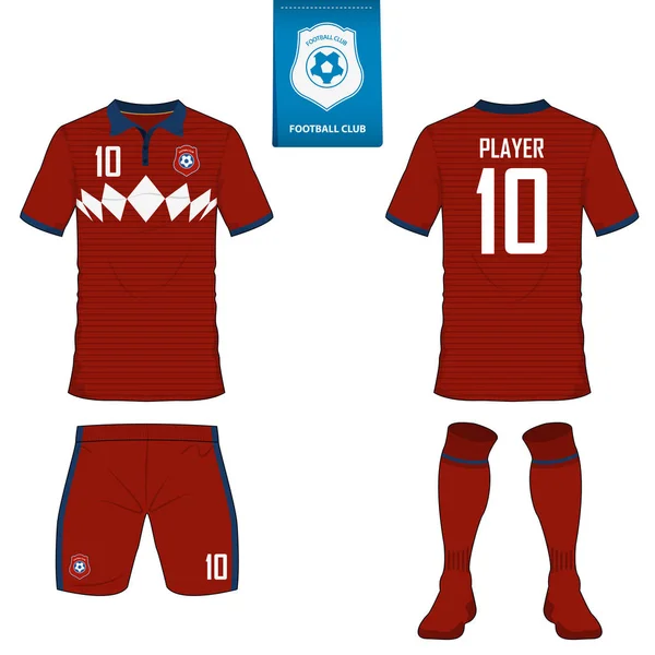 Soccer kit or football jersey template for football club. Short sleeve football shirt mock up. Front and back view soccer uniform. Flat football logo on blue label. Vector — Stock Vector