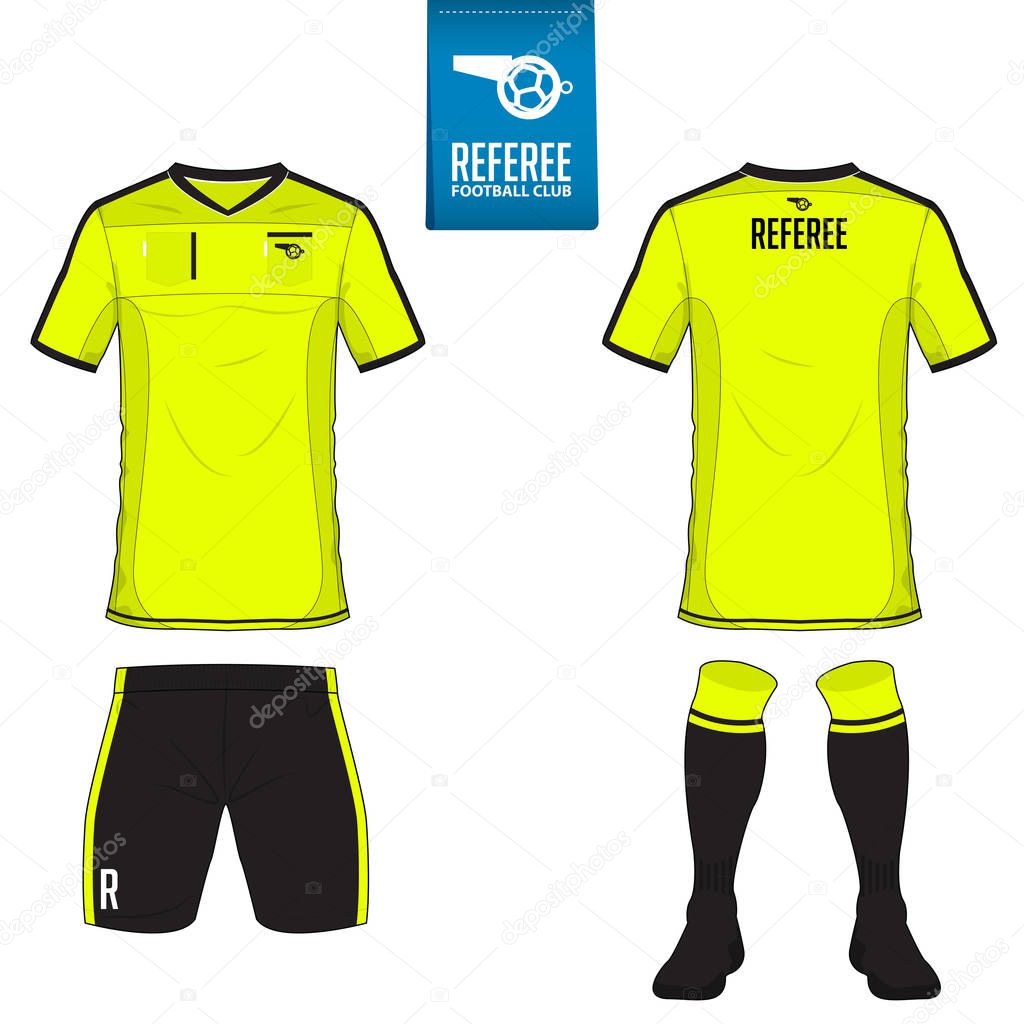 Soccer kit or football jersey template for football club. Short sleeve football shirt mock up. Front and back view soccer uniform. Flat football logo on blue label. Vector