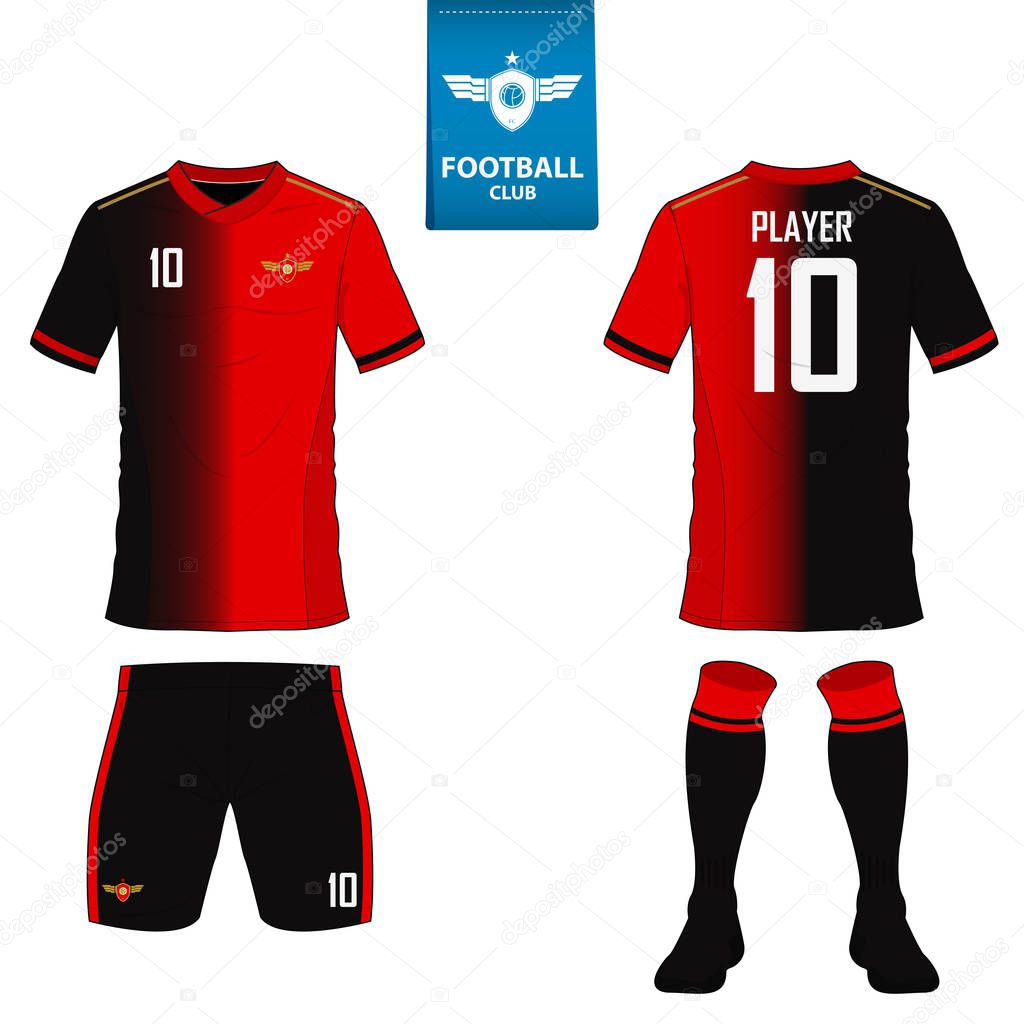 Soccer kit or football jersey template for football club. Short sleeve football shirt mock up. Front and back view soccer uniform. Flat football logo on blue label. Vector