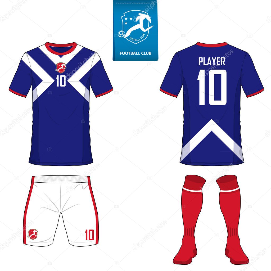 Soccer kit or football jersey template for football club. Short sleeve football shirt mock up. Front and back view soccer uniform. Flat football logo on blue label. Vector