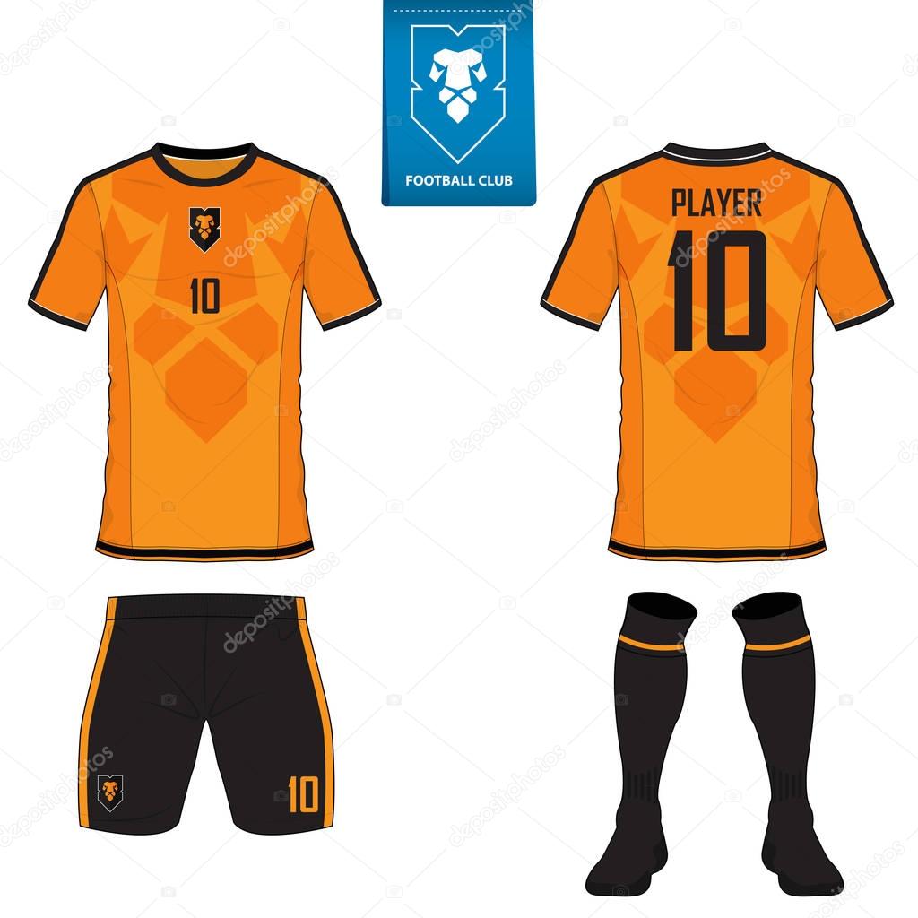 Set of soccer kit or football jersey template for football club. Short sleeve football shirt mock up. Front and back view soccer uniform. Flat football logo on blue label. Vector Illustration.